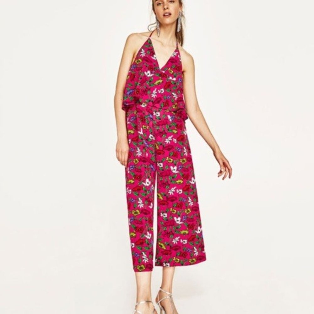 NWT Zara Pink Floral Jumpsuit XS
